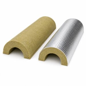 Media caña de lana mineral con y sin recubrimiento ASJ de aluminio reforzado para aislamiento térmico de tuberías industriales, sistemas HVAC y redes de vapor.