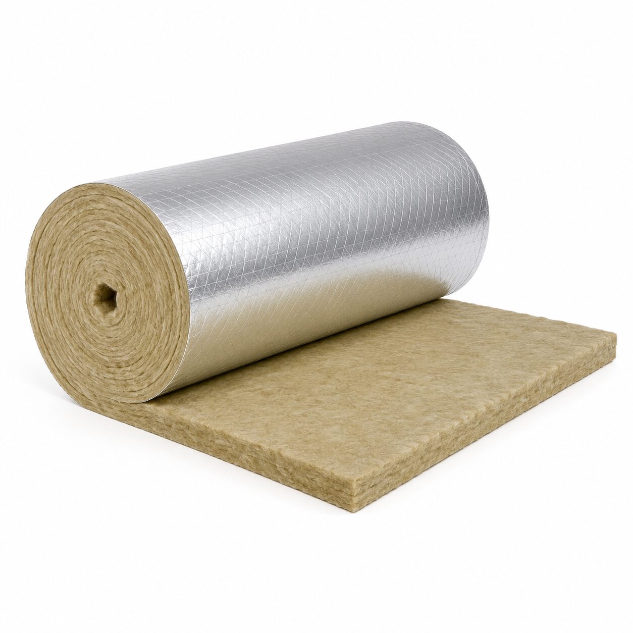 Rollo de lana mineral liso 8 lb/ft³ con recubrimiento ASJ para aislamiento térmico, aislamiento acústico y protección de equipos industriales y sistemas HVAC.