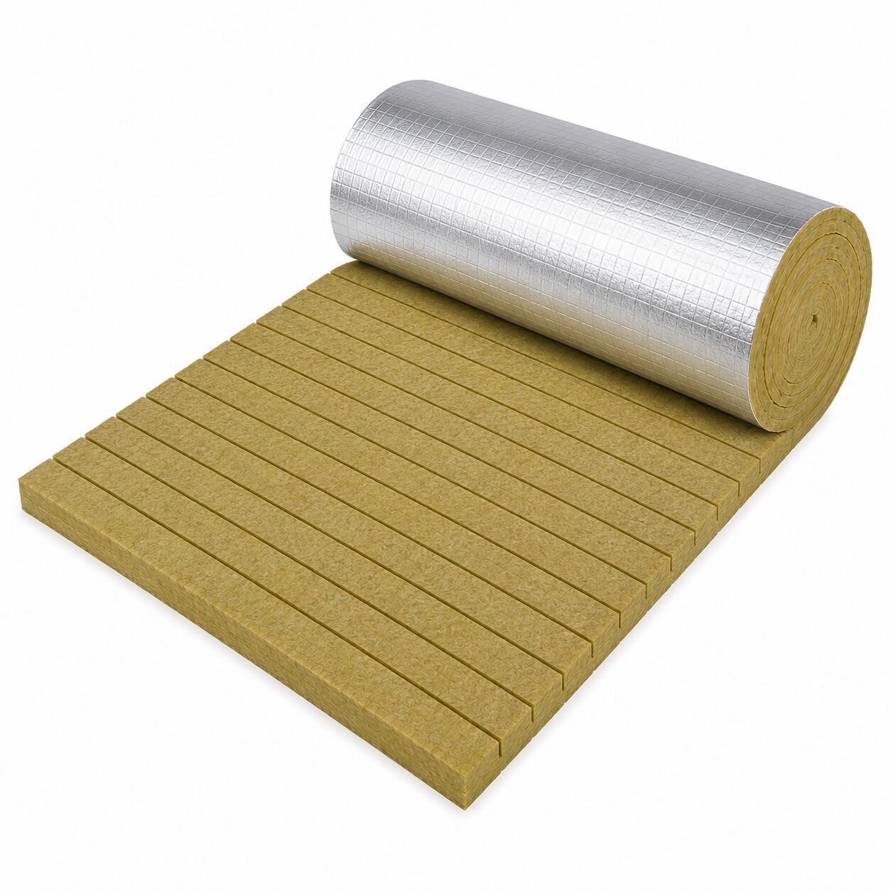 Rollo de lana mineral ranurado 6 lb/ft³ con recubrimiento ASJ parcialmente extendido, diseñado para aislamiento térmico industrial en tuberías, ductos, tanques y superficies cilíndricas.